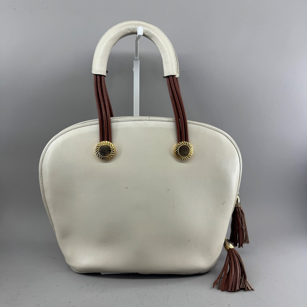 Valentino Orlandi Womens Top Handle Bag Cream Leather Tassel Made in Italy 7095